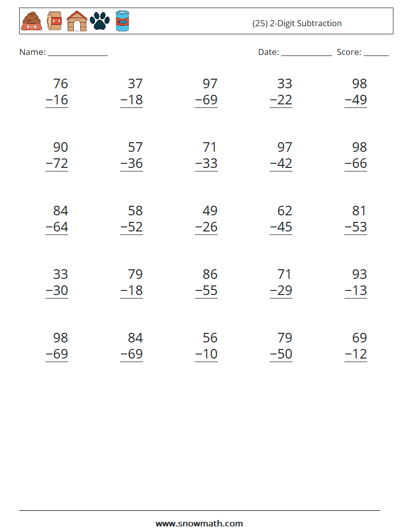 (25) 2-Digit Subtraction Maths Worksheets 14