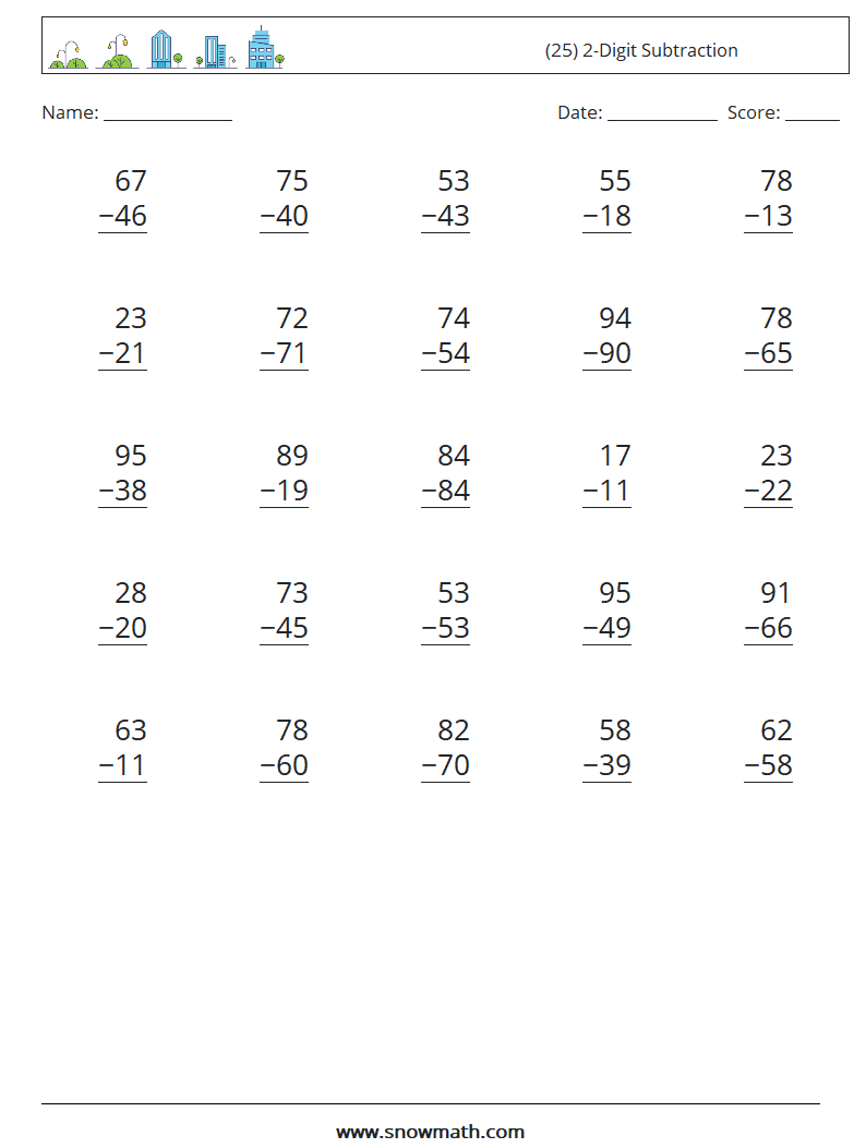 (25) 2-Digit Subtraction Maths Worksheets 15