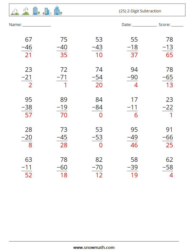 (25) 2-Digit Subtraction Maths Worksheets 15 Question, Answer