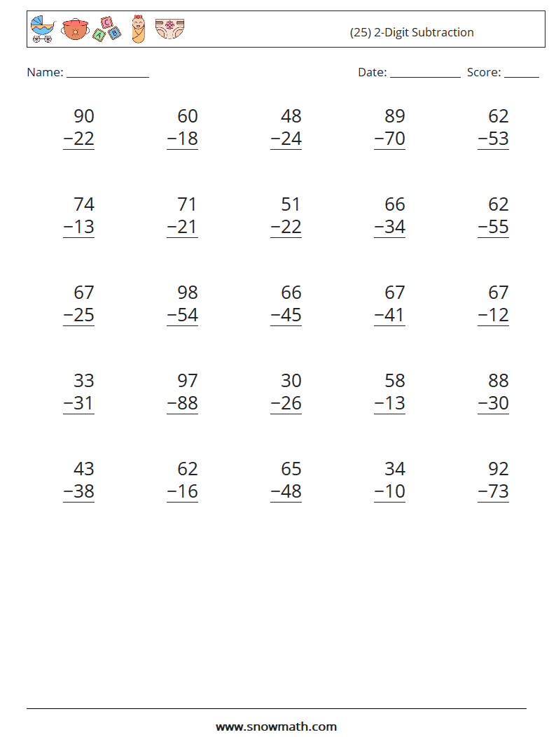 (25) 2-Digit Subtraction Maths Worksheets 16