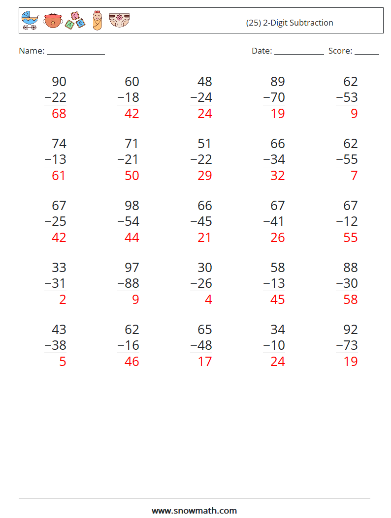 (25) 2-Digit Subtraction Maths Worksheets 16 Question, Answer