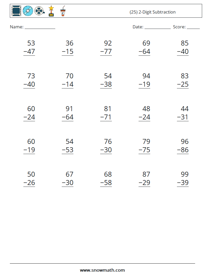 (25) 2-Digit Subtraction Maths Worksheets 17