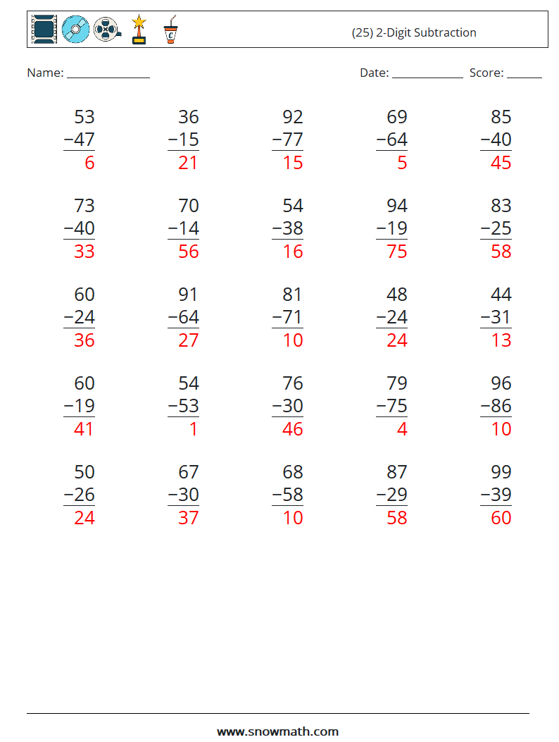 (25) 2-Digit Subtraction Maths Worksheets 17 Question, Answer