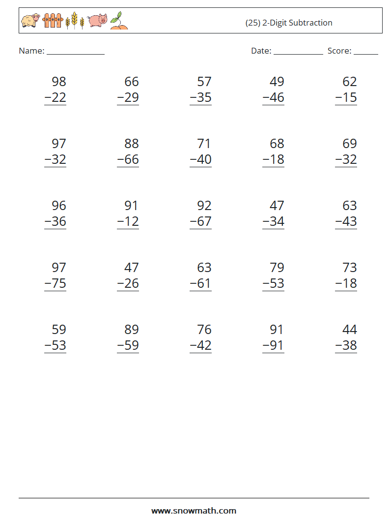 (25) 2-Digit Subtraction Maths Worksheets 18