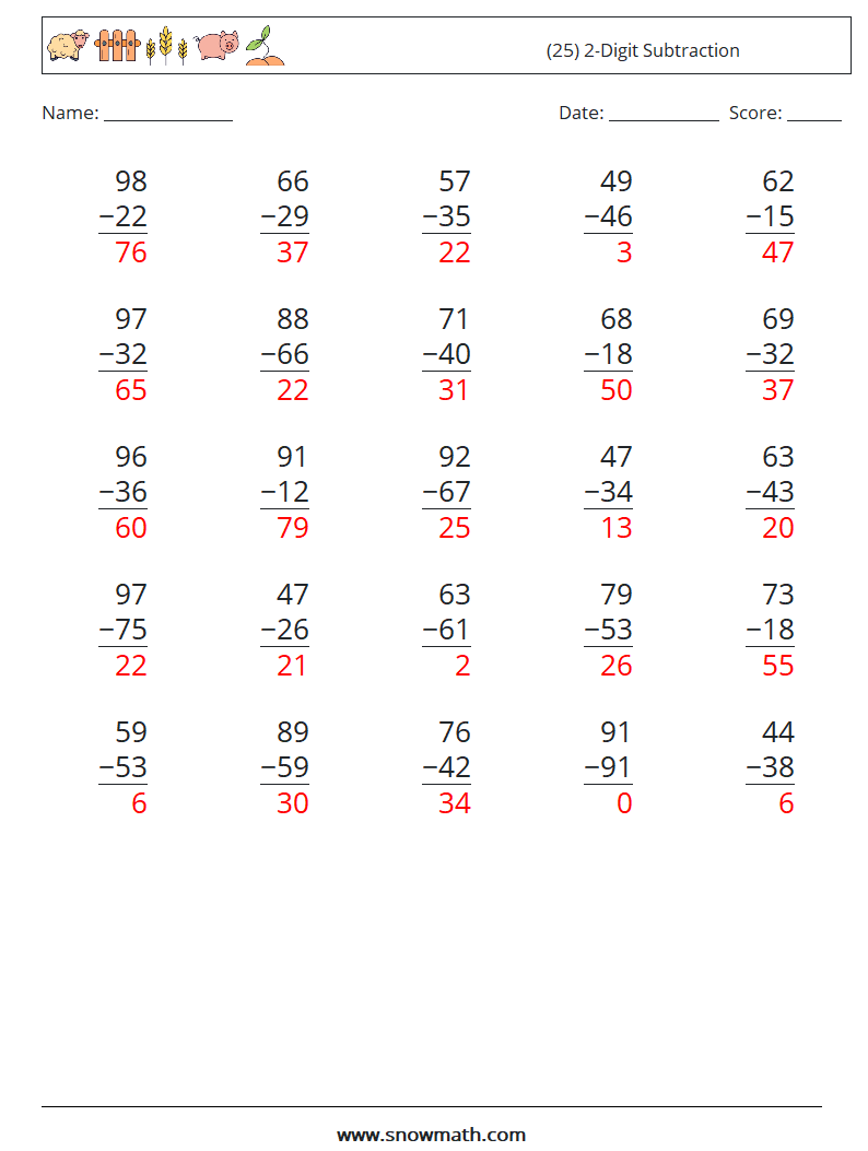 (25) 2-Digit Subtraction Maths Worksheets 18 Question, Answer