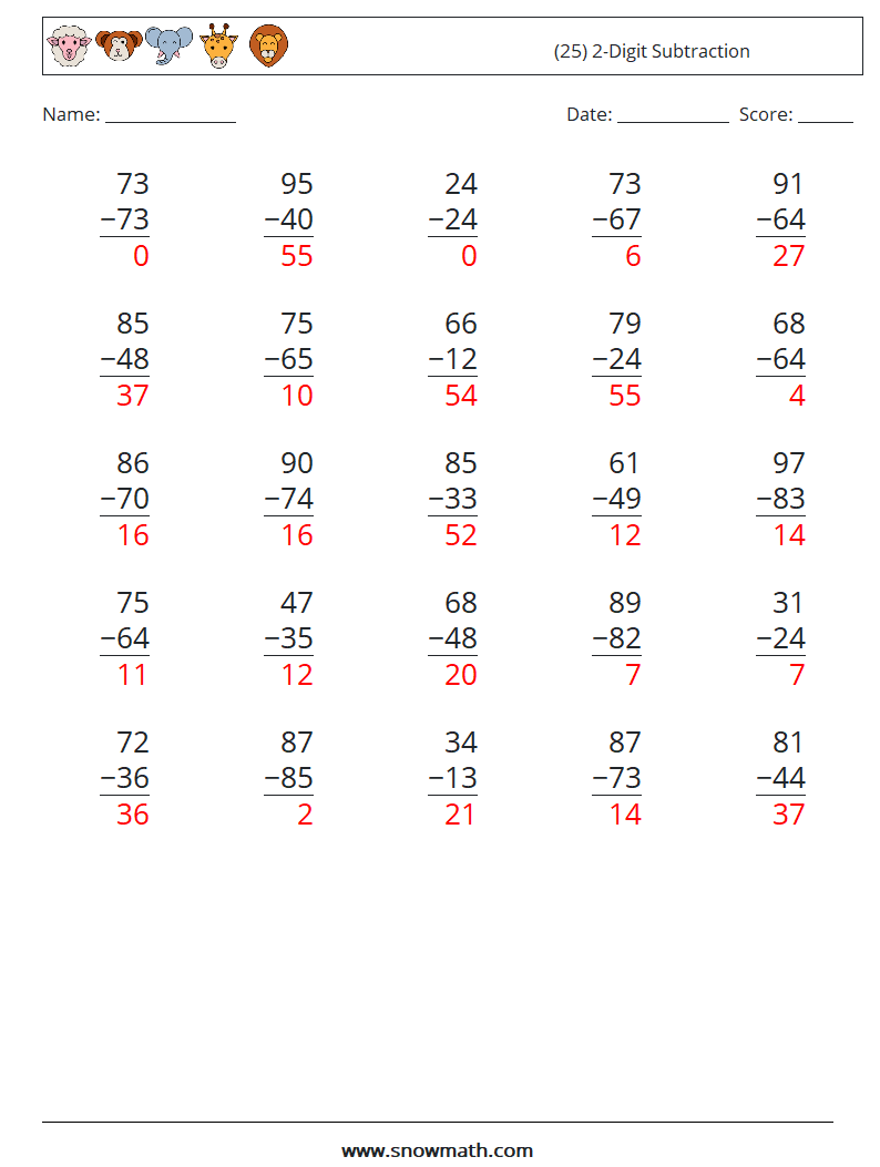 (25) 2-Digit Subtraction Maths Worksheets 1 Question, Answer