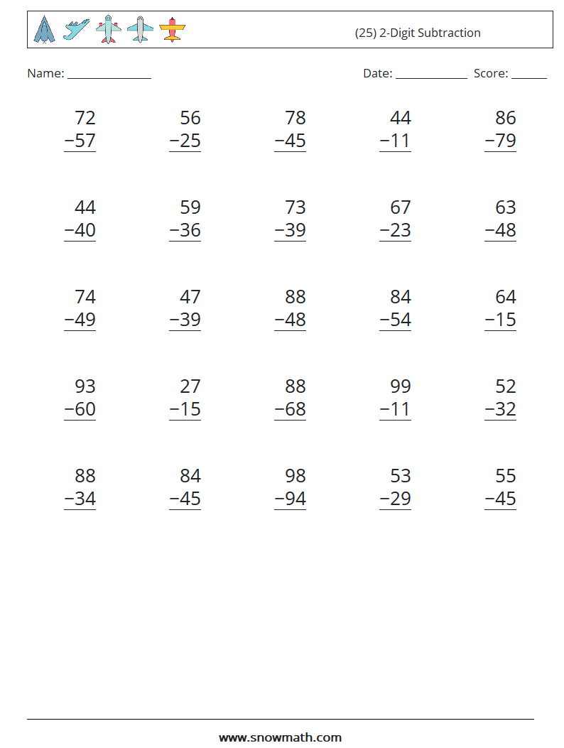 (25) 2-Digit Subtraction Maths Worksheets 2