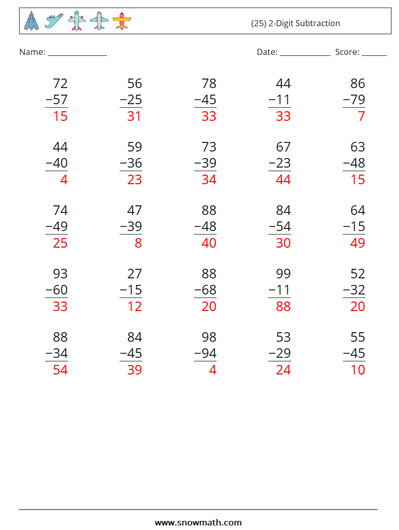 (25) 2-Digit Subtraction Maths Worksheets 2 Question, Answer