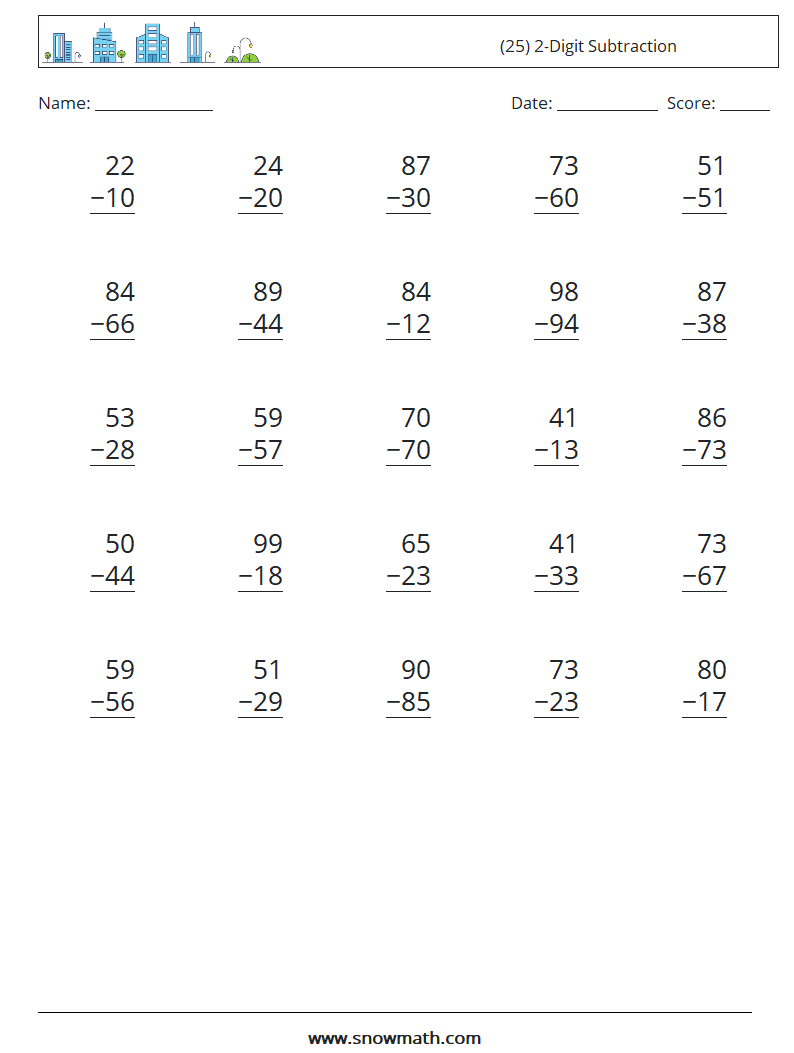 (25) 2-Digit Subtraction Maths Worksheets 3