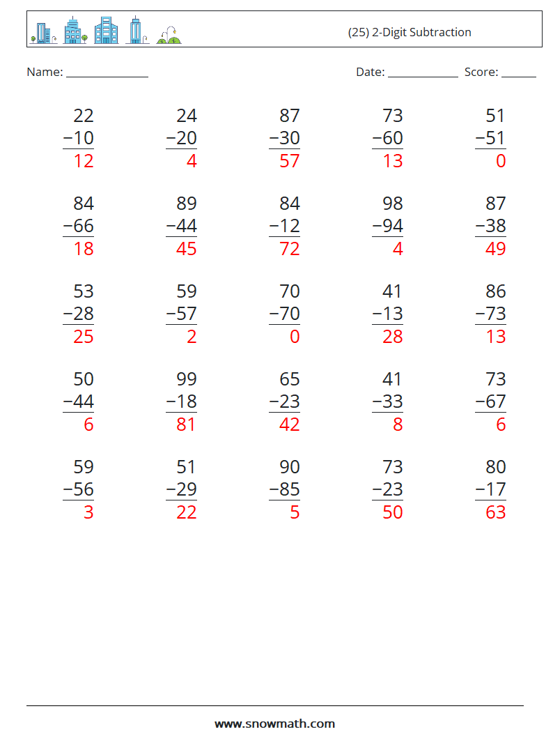 (25) 2-Digit Subtraction Maths Worksheets 3 Question, Answer