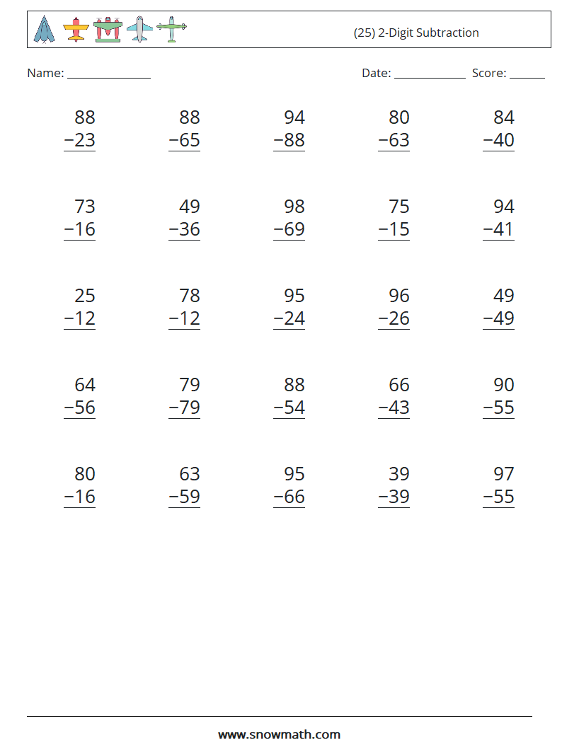 (25) 2-Digit Subtraction Maths Worksheets 4