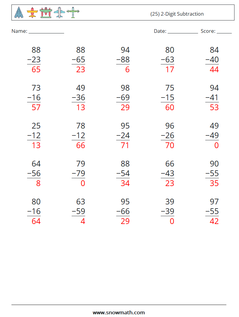 (25) 2-Digit Subtraction Maths Worksheets 4 Question, Answer