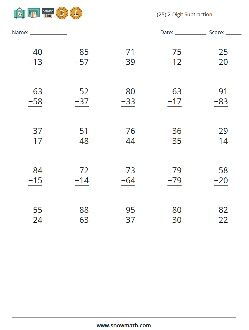 (25) 2-Digit Subtraction Maths Worksheets 5