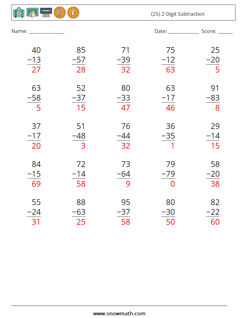 (25) 2-Digit Subtraction Maths Worksheets 5 Question, Answer