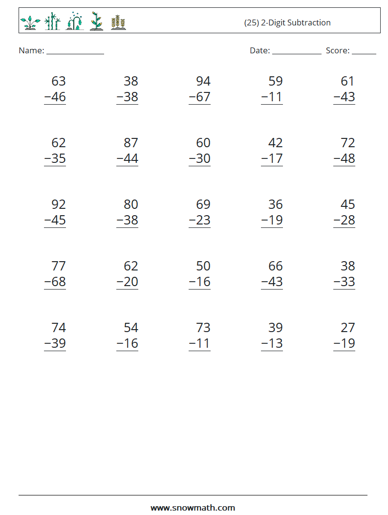 (25) 2-Digit Subtraction Maths Worksheets 6