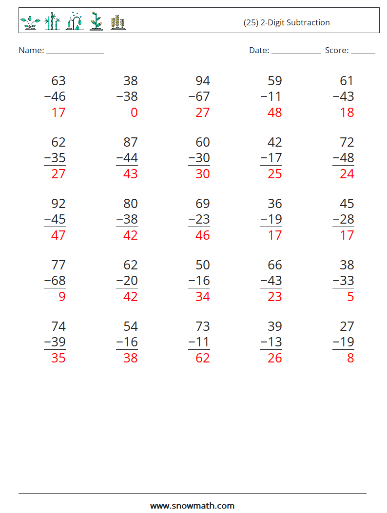 (25) 2-Digit Subtraction Maths Worksheets 6 Question, Answer