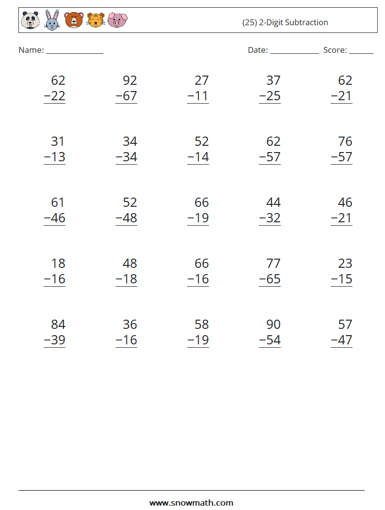 (25) 2-Digit Subtraction Maths Worksheets 7