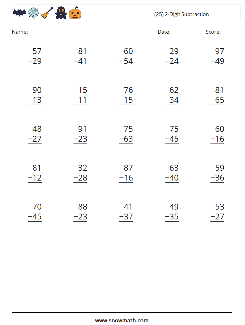 (25) 2-Digit Subtraction Maths Worksheets 8