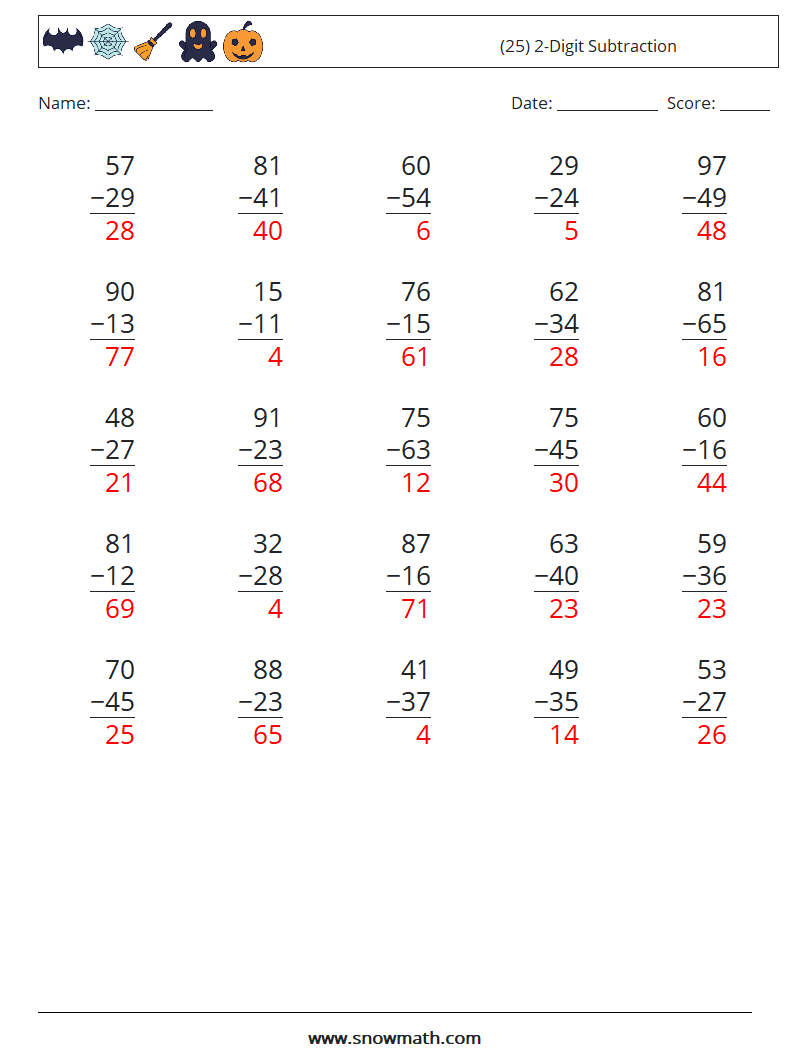 (25) 2-Digit Subtraction Maths Worksheets 8 Question, Answer