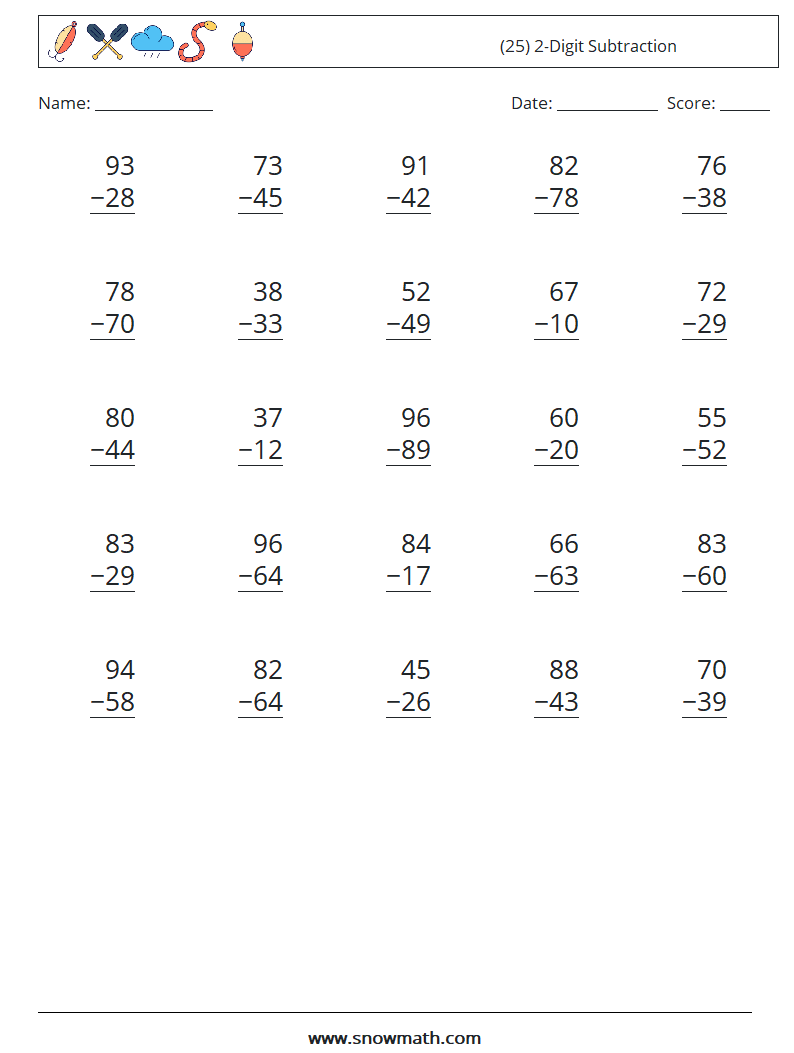 (25) 2-Digit Subtraction Maths Worksheets 9