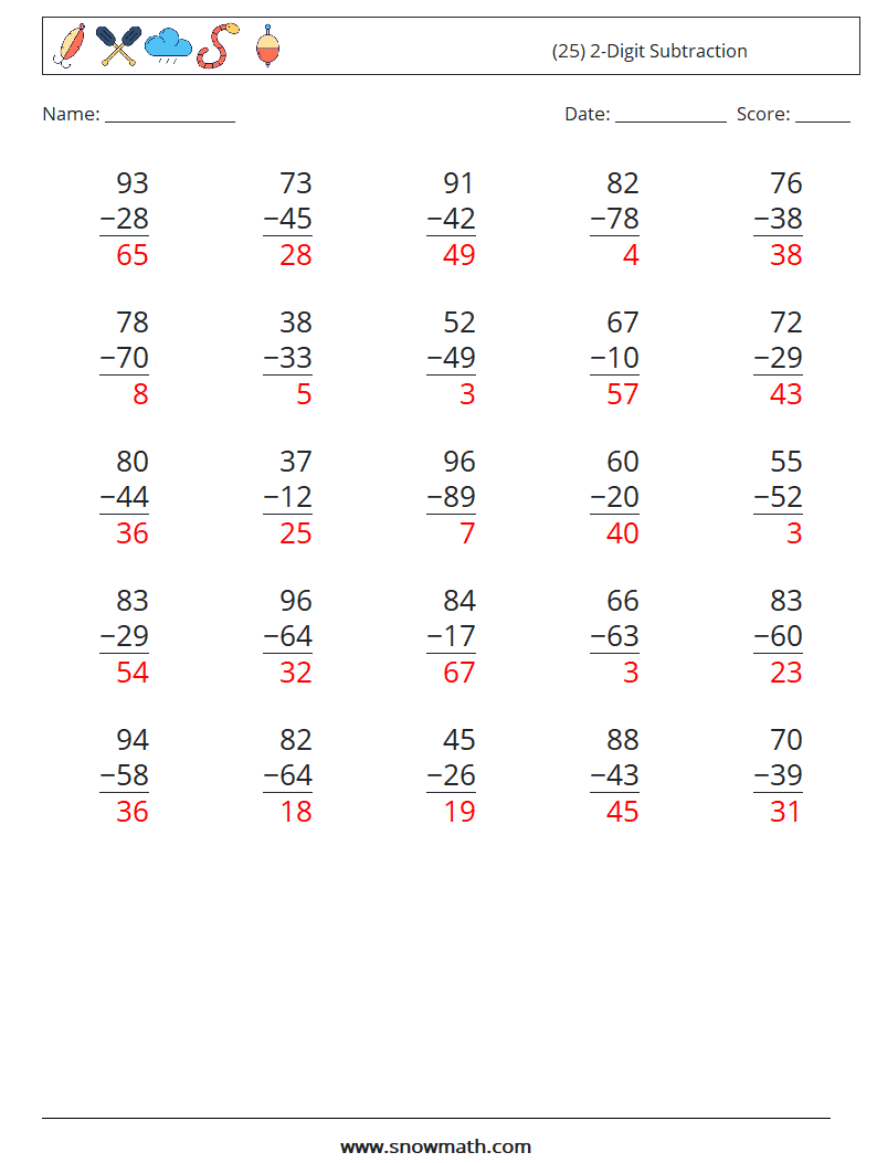 (25) 2-Digit Subtraction Maths Worksheets 9 Question, Answer