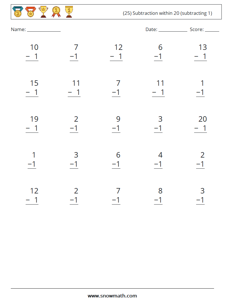 (25) Subtraction within 20 (subtracting 1) Maths Worksheets 1