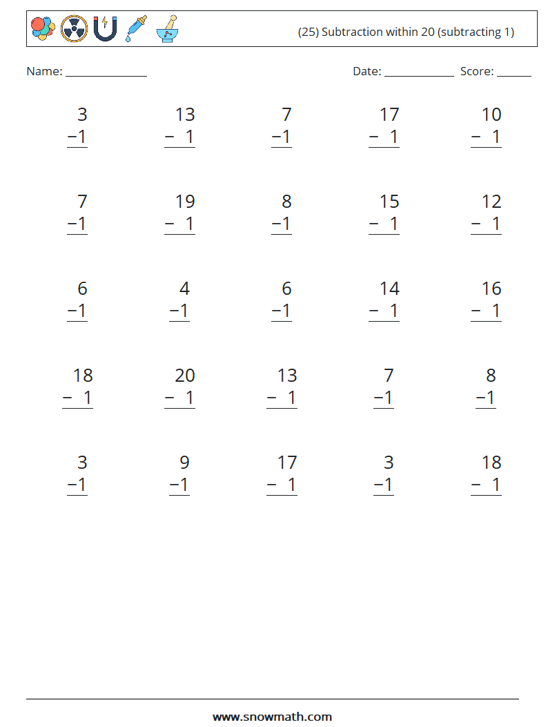 (25) Subtraction within 20 (subtracting 1) Maths Worksheets 11