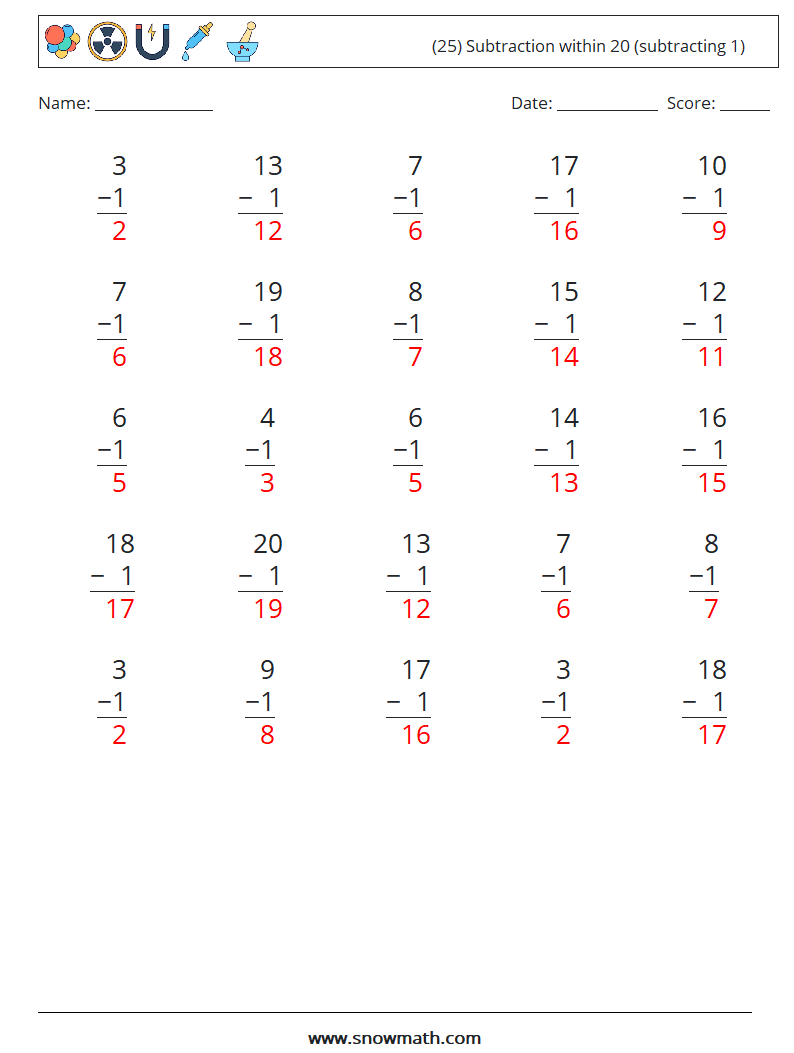 (25) Subtraction within 20 (subtracting 1) Maths Worksheets 11 Question, Answer