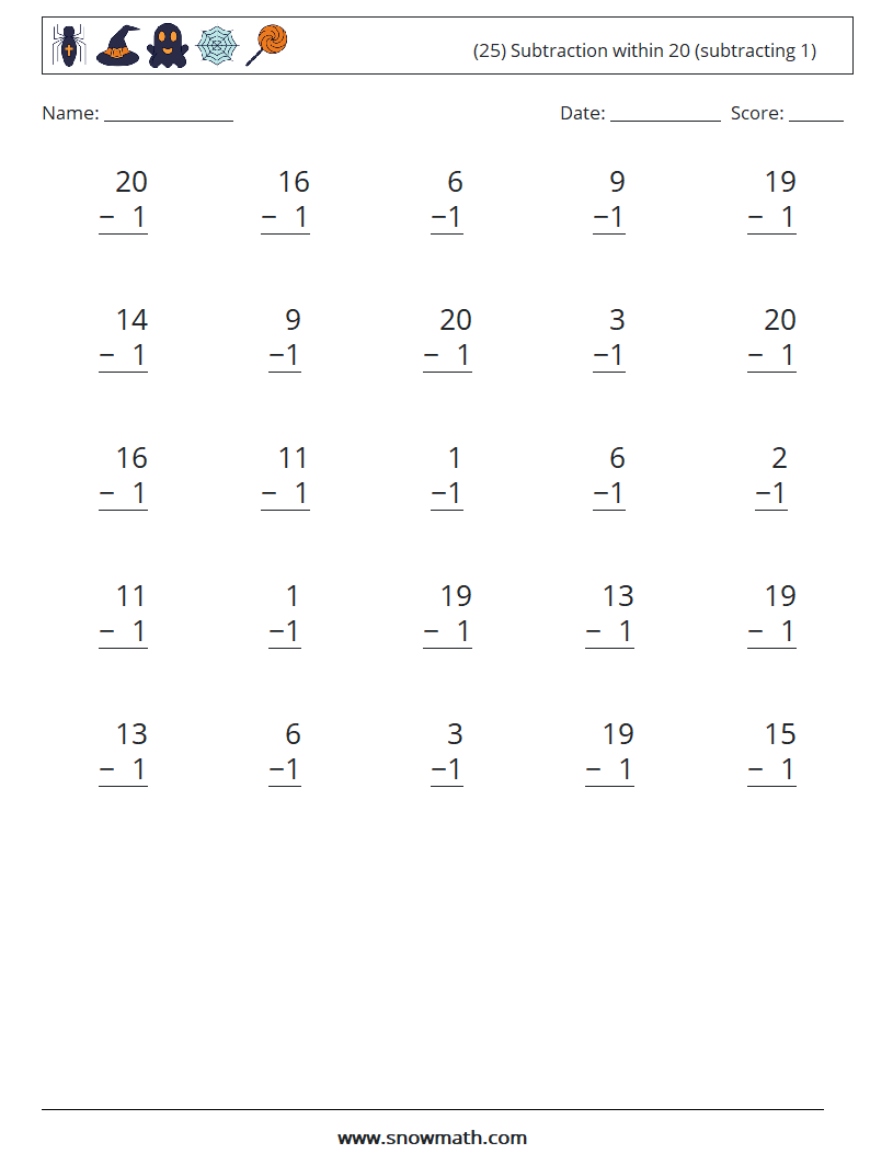 (25) Subtraction within 20 (subtracting 1) Maths Worksheets 12