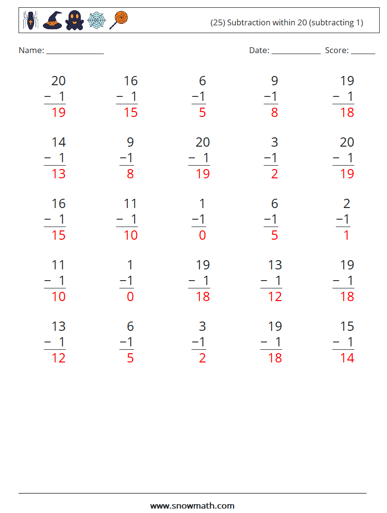 (25) Subtraction within 20 (subtracting 1) Maths Worksheets 12 Question, Answer