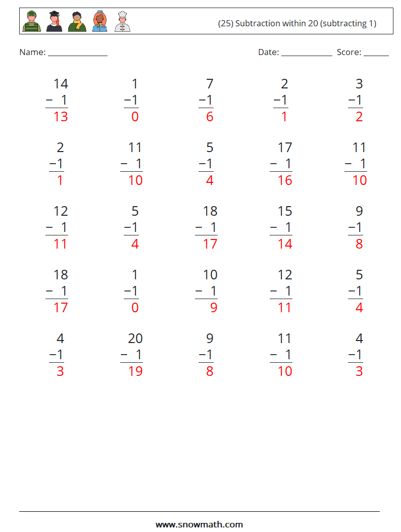(25) Subtraction within 20 (subtracting 1) Maths Worksheets 13 Question, Answer