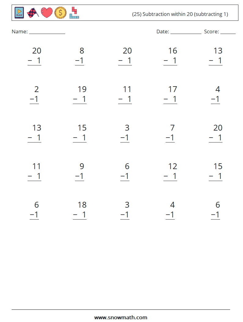 (25) Subtraction within 20 (subtracting 1) Maths Worksheets 14