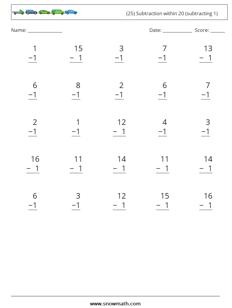 (25) Subtraction within 20 (subtracting 1) Maths Worksheets 16