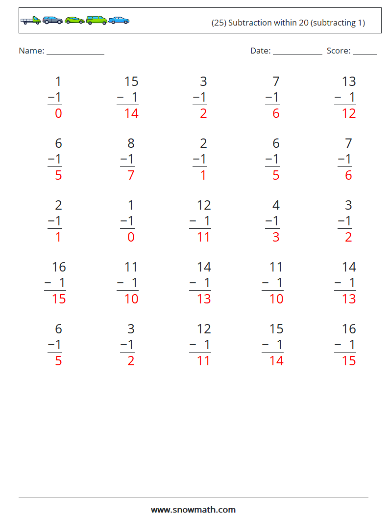 (25) Subtraction within 20 (subtracting 1) Maths Worksheets 16 Question, Answer