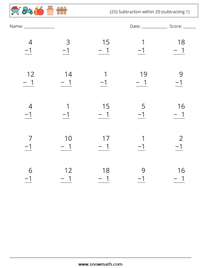 (25) Subtraction within 20 (subtracting 1) Maths Worksheets 17