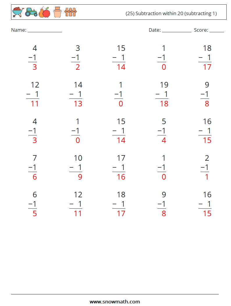 (25) Subtraction within 20 (subtracting 1) Maths Worksheets 17 Question, Answer