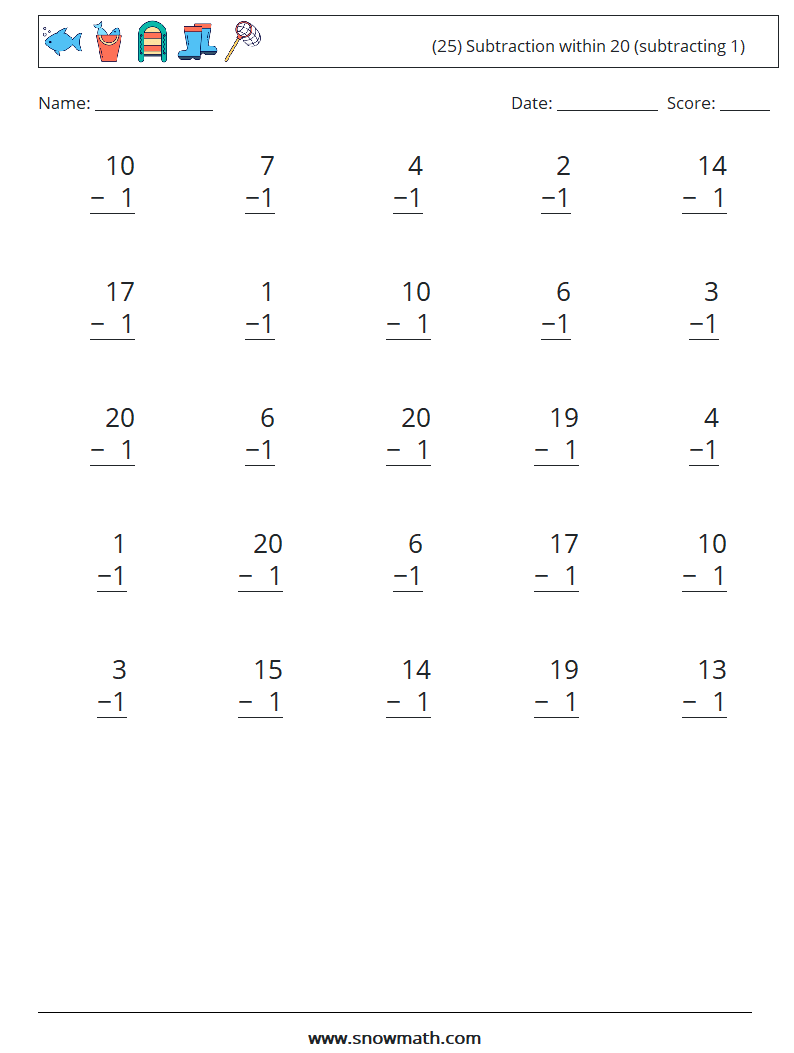 (25) Subtraction within 20 (subtracting 1) Maths Worksheets 18