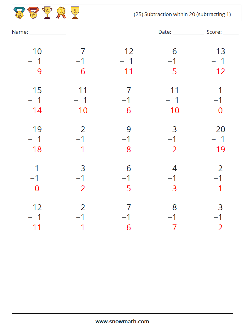 (25) Subtraction within 20 (subtracting 1) Maths Worksheets 1 Question, Answer