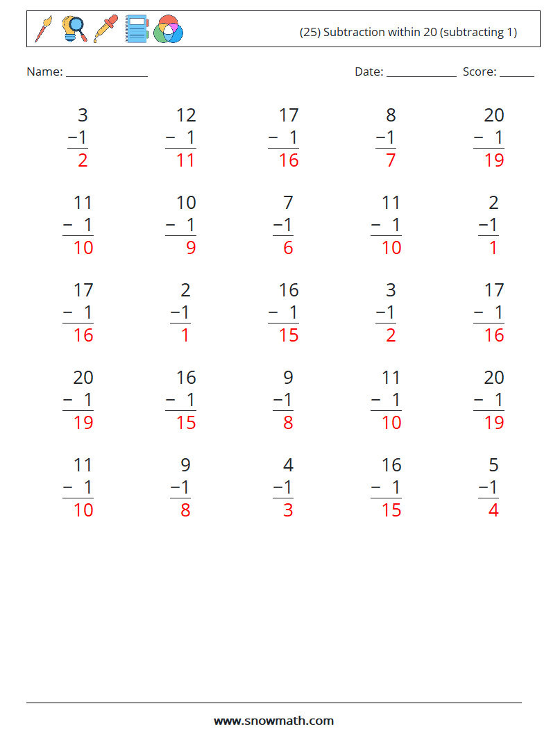 (25) Subtraction within 20 (subtracting 1) Maths Worksheets 2 Question, Answer