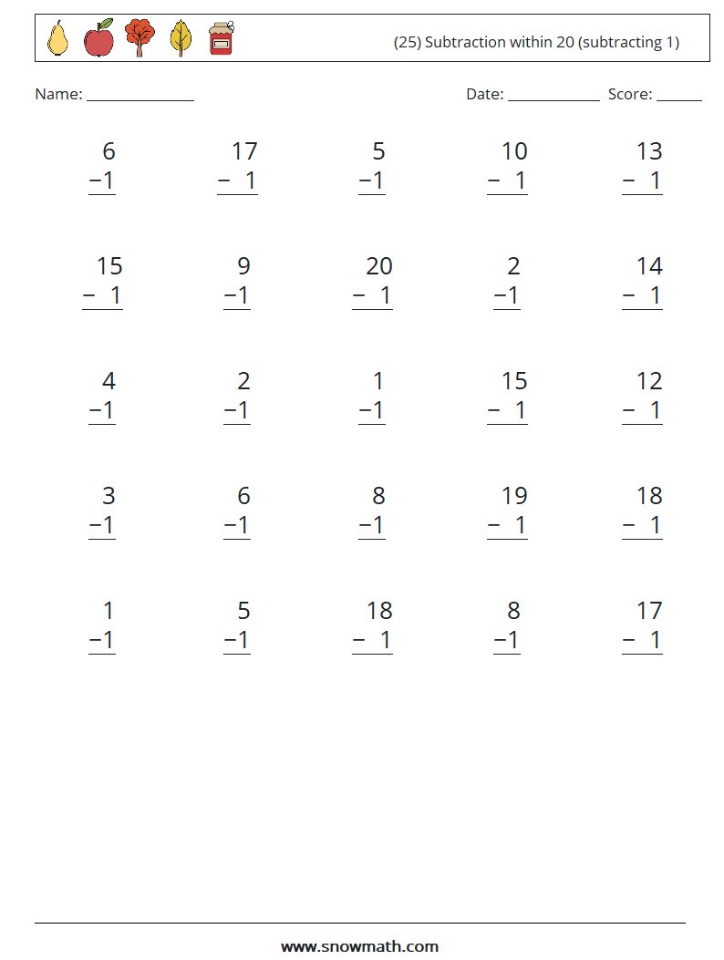 (25) Subtraction within 20 (subtracting 1) Maths Worksheets 3