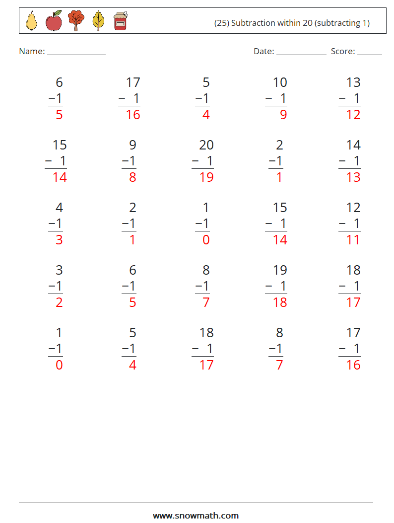 (25) Subtraction within 20 (subtracting 1) Maths Worksheets 3 Question, Answer