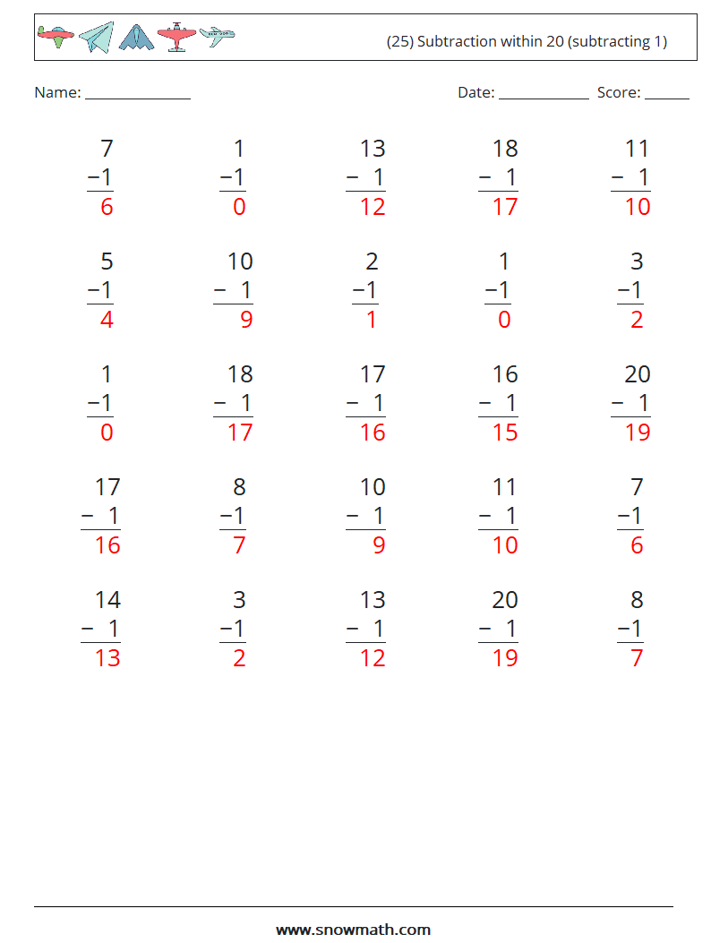 (25) Subtraction within 20 (subtracting 1) Maths Worksheets 4 Question, Answer