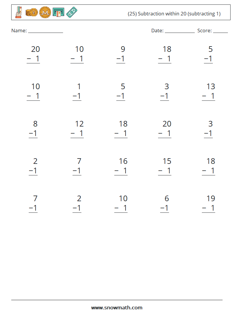 (25) Subtraction within 20 (subtracting 1) Maths Worksheets 6