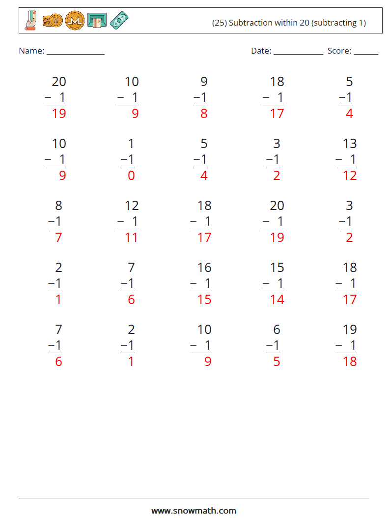 (25) Subtraction within 20 (subtracting 1) Maths Worksheets 6 Question, Answer