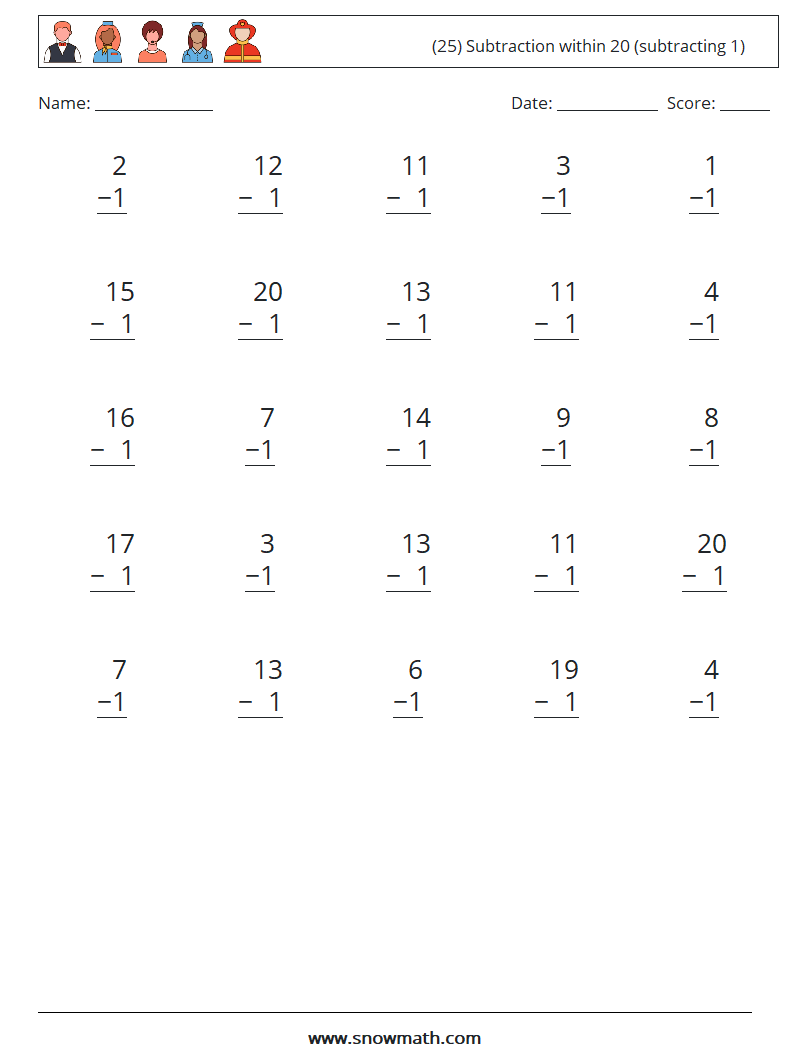 (25) Subtraction within 20 (subtracting 1) Maths Worksheets 7