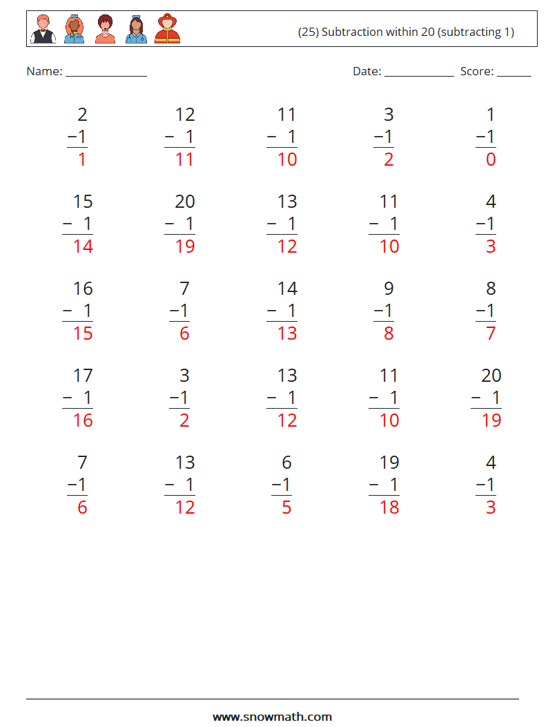 (25) Subtraction within 20 (subtracting 1) Maths Worksheets 7 Question, Answer