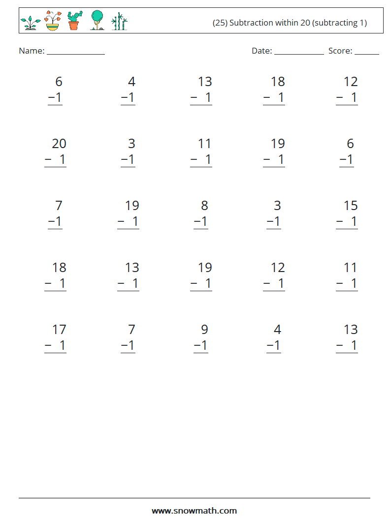 (25) Subtraction within 20 (subtracting 1) Maths Worksheets 8