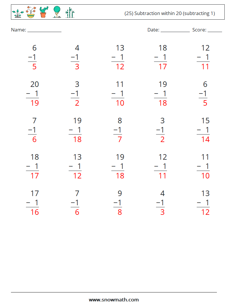 (25) Subtraction within 20 (subtracting 1) Maths Worksheets 8 Question, Answer