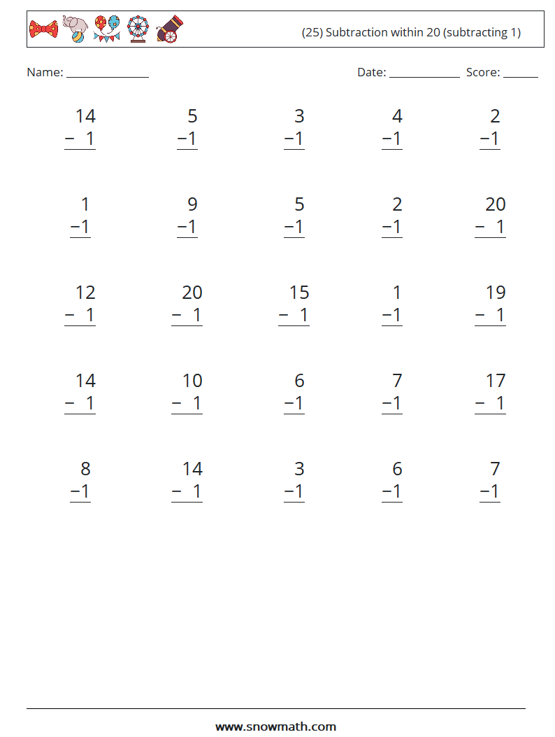 (25) Subtraction within 20 (subtracting 1) Maths Worksheets 9