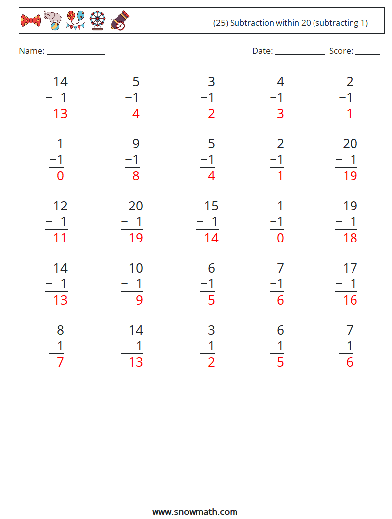 (25) Subtraction within 20 (subtracting 1) Maths Worksheets 9 Question, Answer